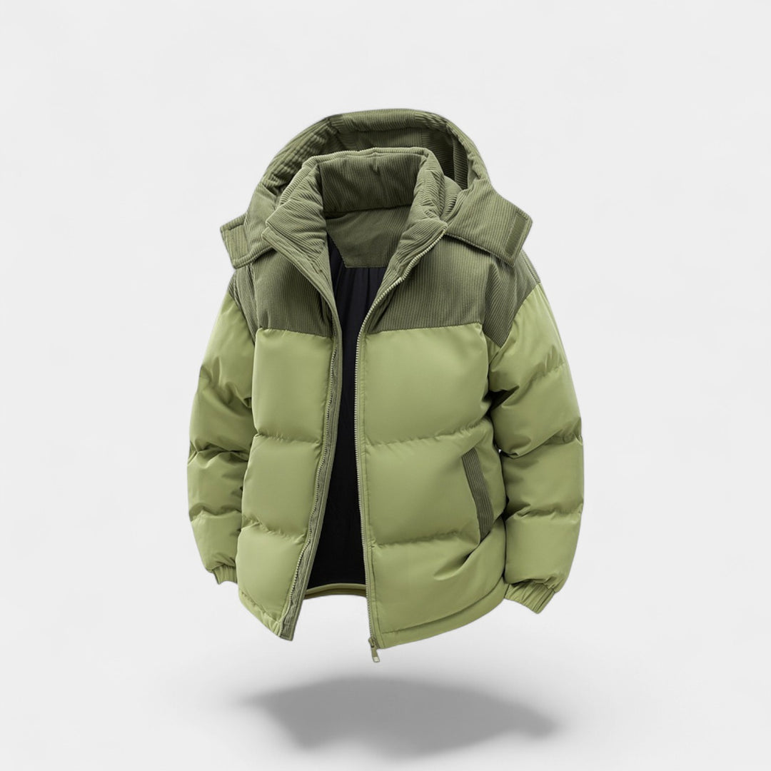 Herren Daunenjacke mit abnehmbarer Kapuze aus Baumwolle – verstärkt, raffiniert, winterliche Silhouette