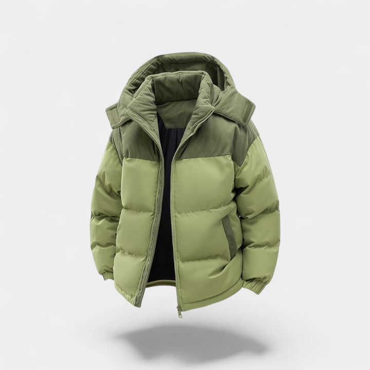 Herren Daunenjacke mit abnehmbarer Kapuze aus Baumwolle – verstärkt, raffiniert, winterliche Silhouette