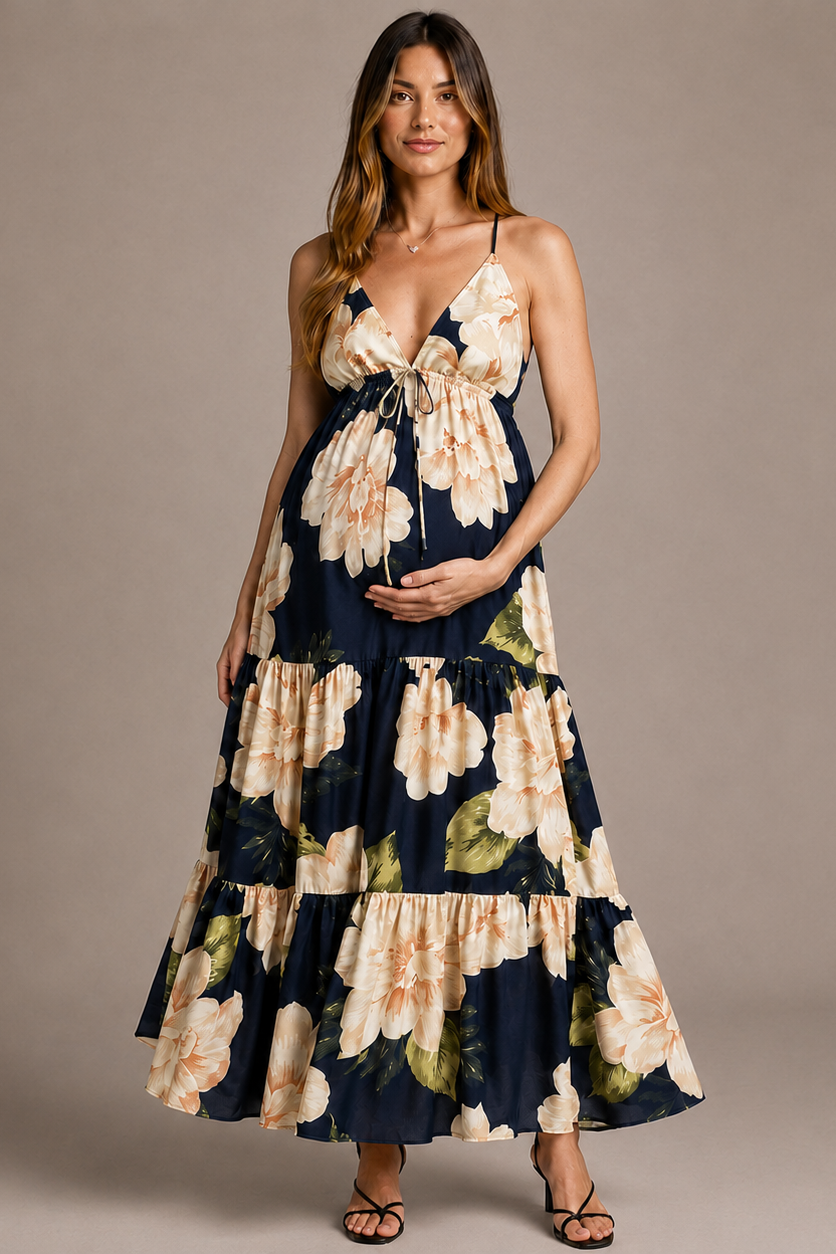 Langes Umstandskleid für Damen mit Blumenmuster – V-Ausschnitt, Empire-Taille, gestufter Rock