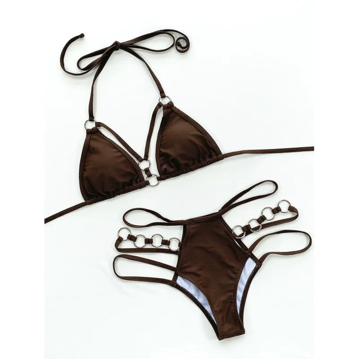 Zweiteiliger Damenbikini mit Trägern – Mesh-Ausschnitte und Metallring