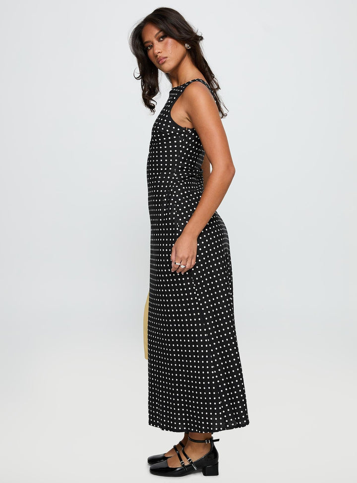 Women's Sleeveless Midi Dress with Polka Dots – Round Neck, Flowing Silhouette