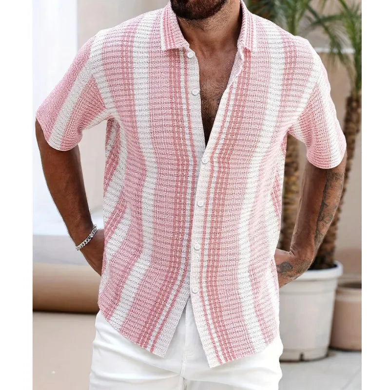 Camicia Uomo a Maniche Corte a Righe – Tessuto Traspirante Testurizzato