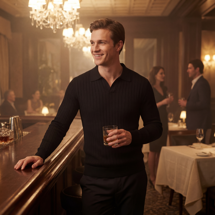 Polo a righe uomo in cotone maniche lunghe – stile coreano minimalista