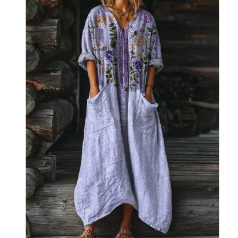 Vintage-Maxikleid für Damen mit Blumenmuster – lässiger V-Ausschnitt mit Taschen