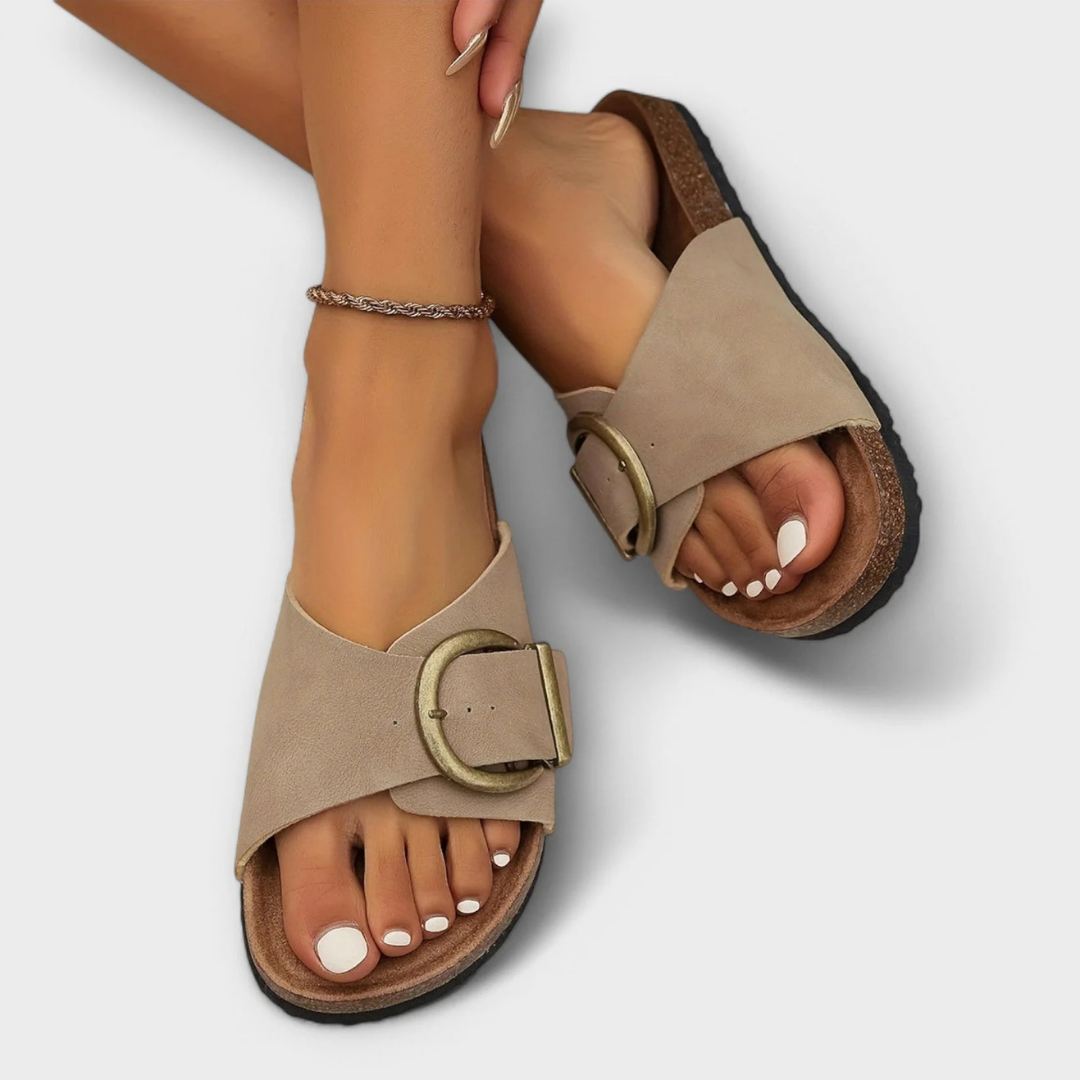 Damen orthopädische flache Sandalen – zum Hineinschlüpfen, offene Spitze, gepolsterte Sohle