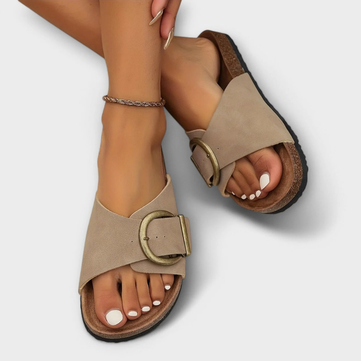 Damen orthopädische flache Sandalen – zum Hineinschlüpfen, offene Spitze, gepolsterte Sohle