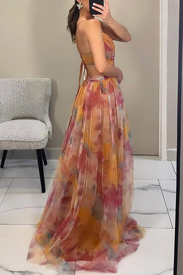 Abito maxi donna in mesh floreale – busto aderente gonna fluida