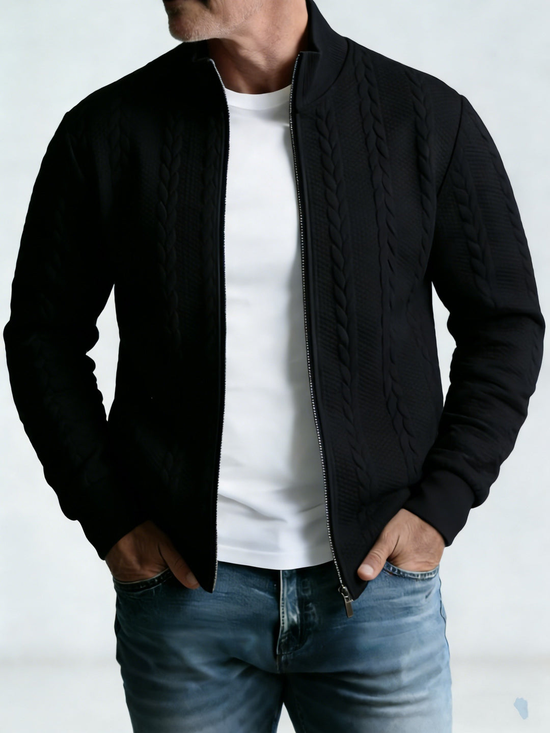 Herren-Jacquardjacke mit Stehkragen – strukturierter Reißverschlussstil