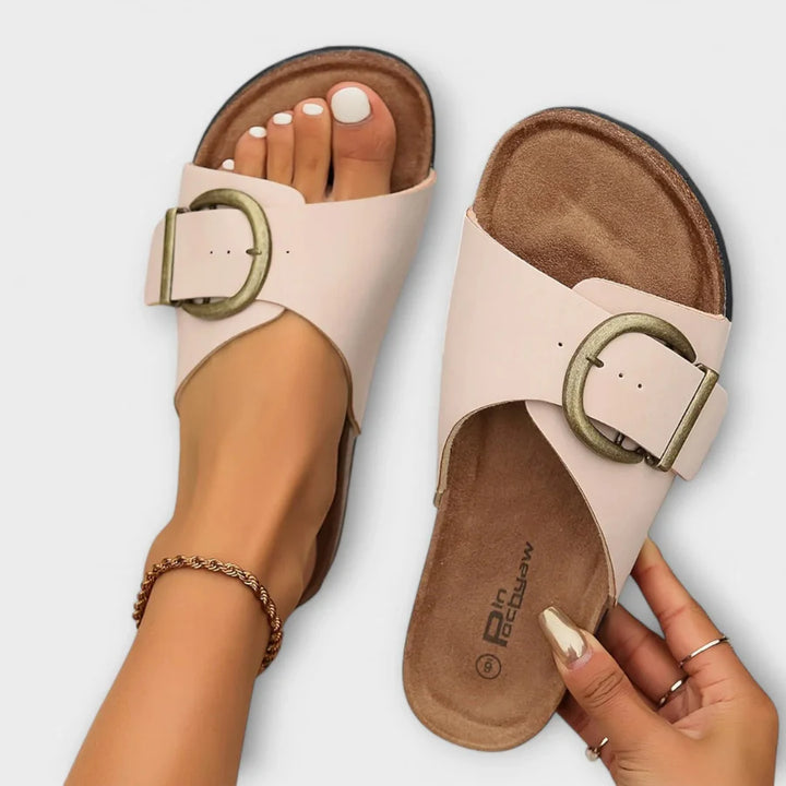 Damen orthopädische flache Sandalen – zum Hineinschlüpfen, offene Spitze, gepolsterte Sohle