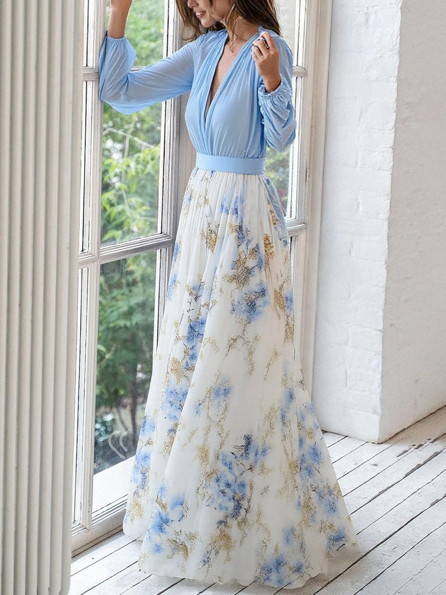 Damen Maxikleid mit Blumenmuster – V-Ausschnitt, taillierter Schnitt