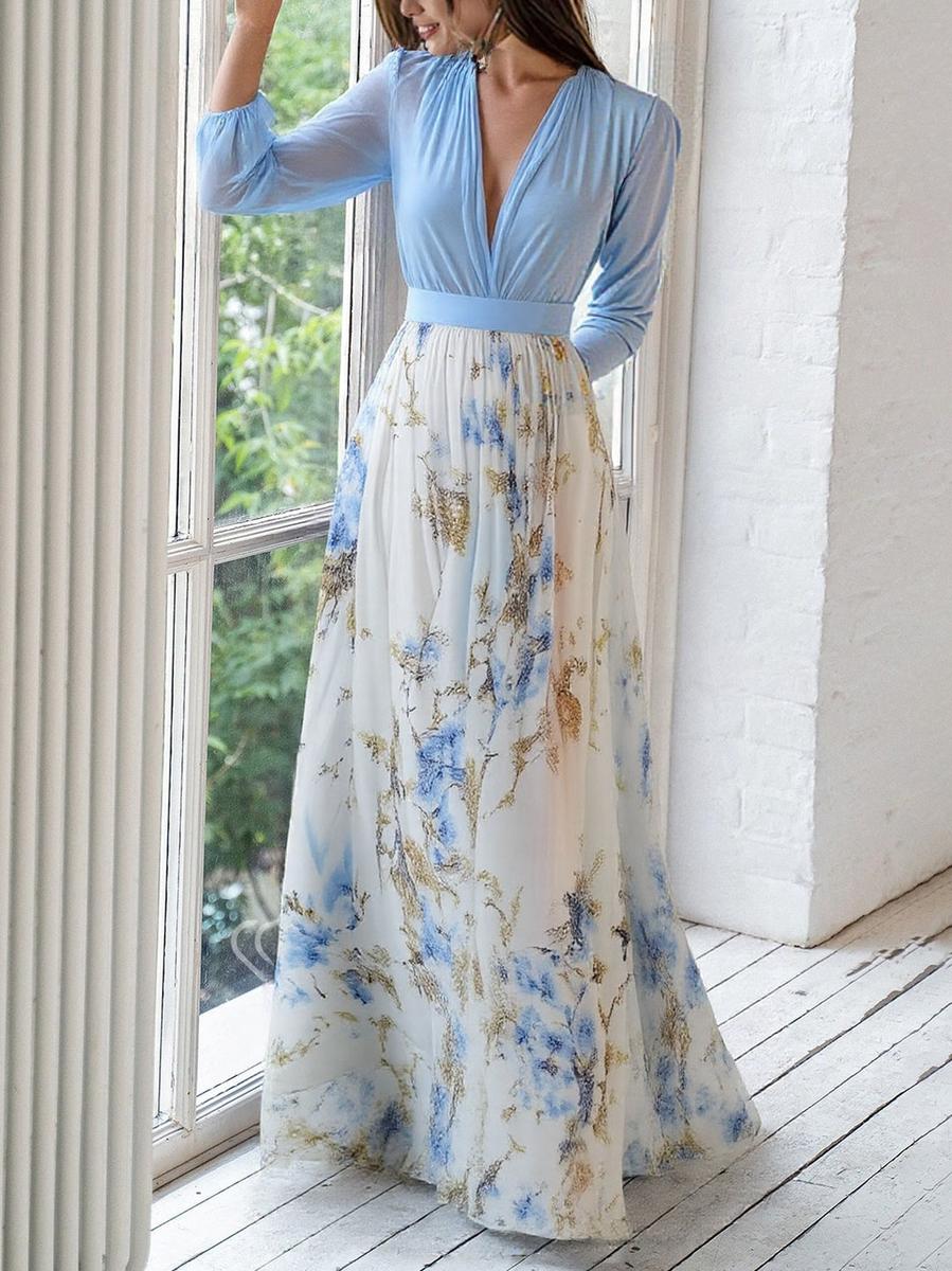 Damen Maxikleid mit Blumenmuster – V-Ausschnitt, taillierter Schnitt