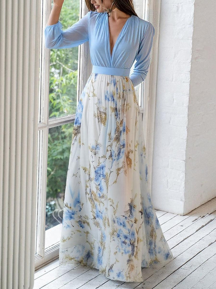 Damen Maxikleid mit Blumenmuster – V-Ausschnitt, taillierter Schnitt