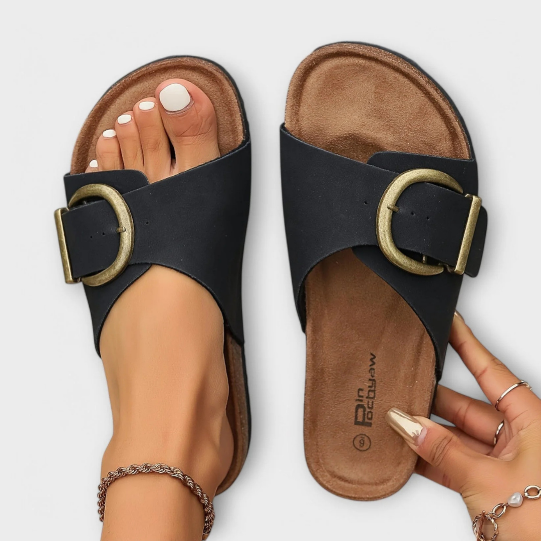 Damen orthopädische flache Sandalen – zum Hineinschlüpfen, offene Spitze, gepolsterte Sohle