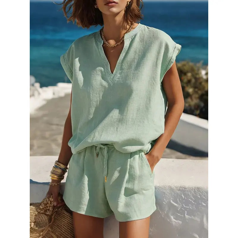 Completo Due Pezzi Donna con Maniche Corte e Scollo a V – Coordinato Corto Casual