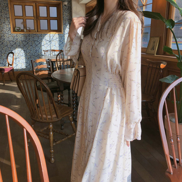 Robe Femme Longue Manches Longues à Fleurs – Col Officier et Boutonnage