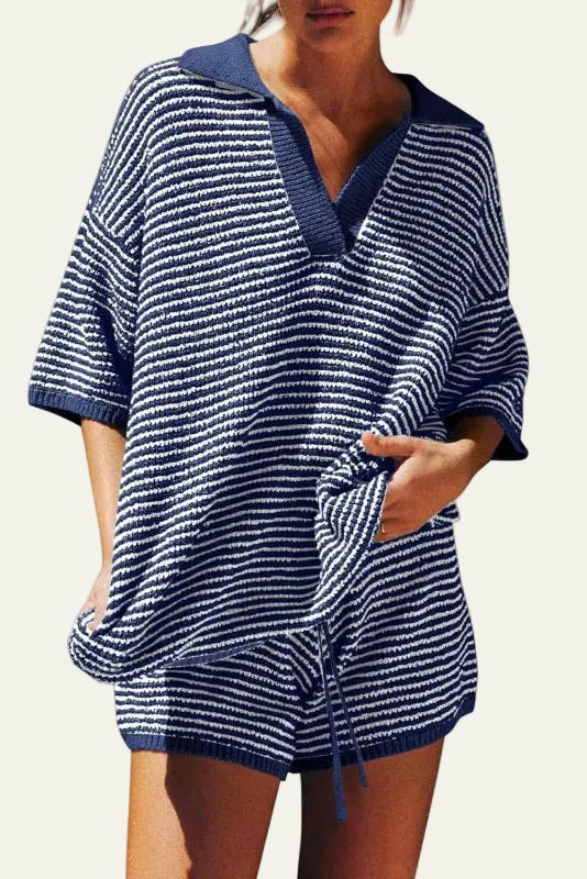 Completo Due Pezzi Donna in Maglia – Top Oversize con Scollo a V e Shorts Coordinati
