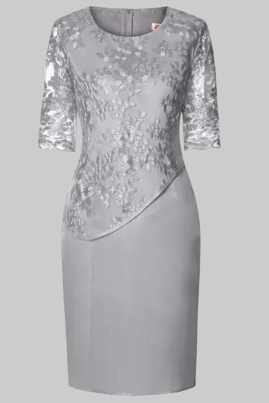 Robe Midi Femme à Broderie Florale – Manches en Dentelle Coupe Droite