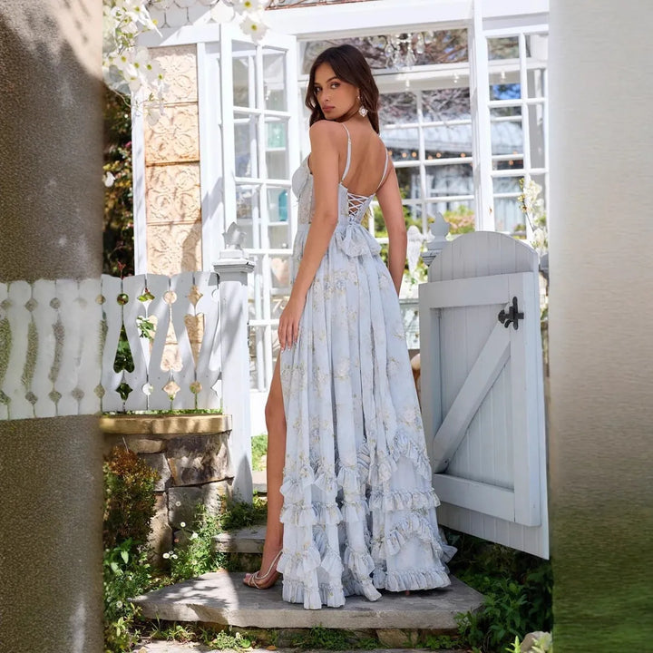 Langes Damenkleid mit Blumenmuster aus Musselin – A-Linien-Schnitt, Trägerstil