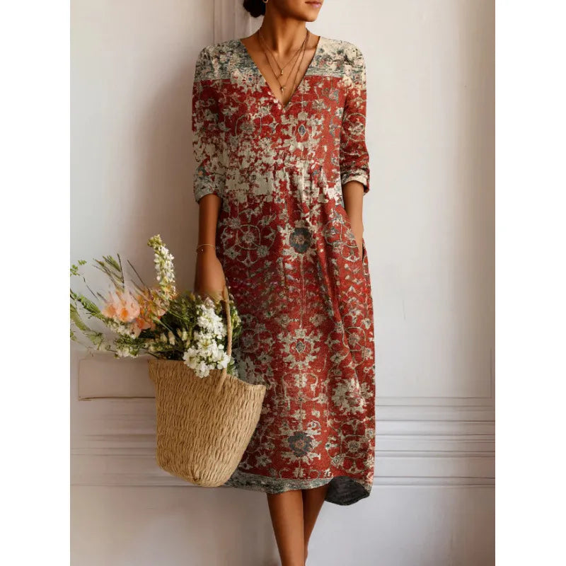 Bedrucktes Midikleid für Damen – Fließender Schnitt und V-Ausschnitt im Boho-Stil