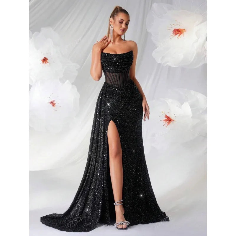 Women's Long Dress with Off-the-Shoulder Design – Pleated Herringbone and Cutouts