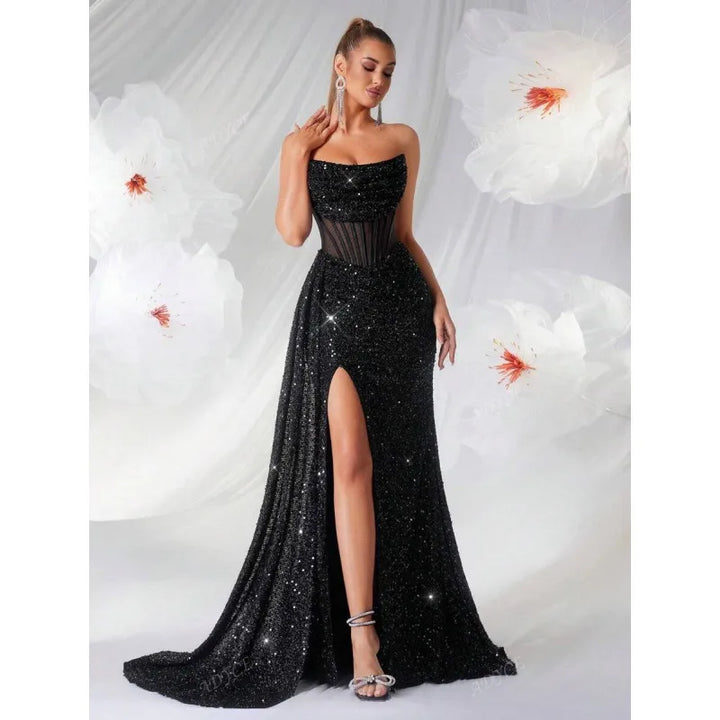 Women's Long Dress with Off-the-Shoulder Design – Pleated Herringbone and Cutouts