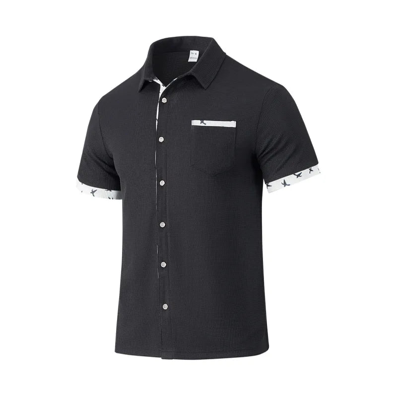 Chemise Homme en Tissu Tissé – Col Classique, Boutons et Liserés Contrastants