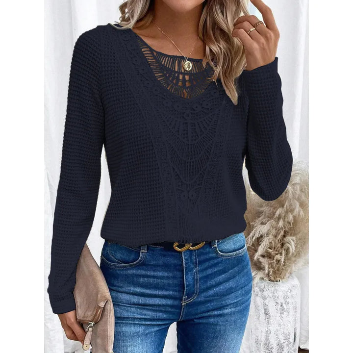 Strickpullover für Damen mit Häkelpaneel – Langarm, Rundhalsausschnitt