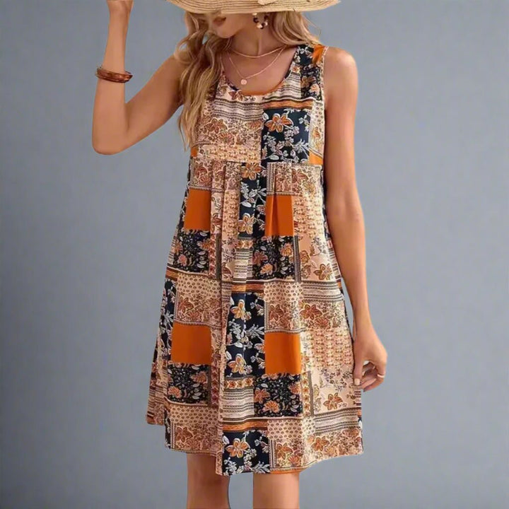 Mini abito boho donna in tessuto leggero – design patchwork senza maniche