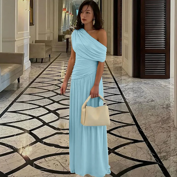 Long Women's Dress with Off-Shoulder and Ruching – Flowing Floor-Length Silhouette