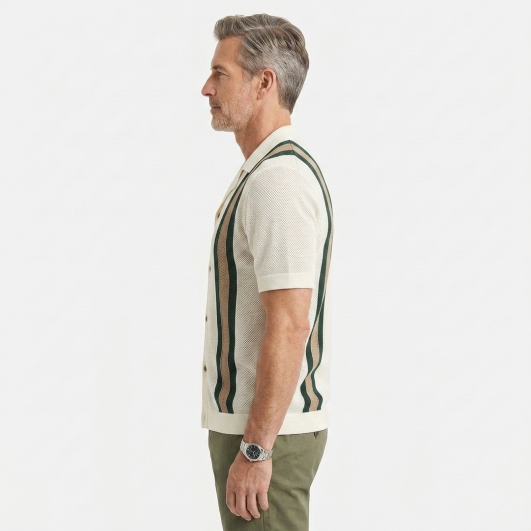 Polo Homme en Maille Ajourée – Rayures Verticales Style Vintage