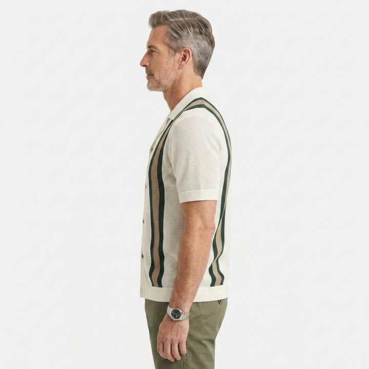 Polo Homme en Maille Ajourée – Rayures Verticales Style Vintage