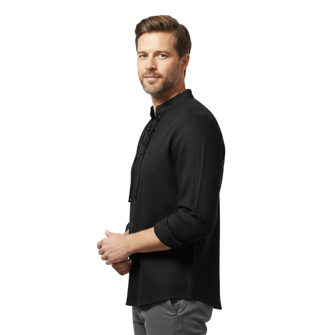 Camicia Uomo Maniche Lunghe – Collo alla Coreana con Lacci Cotone Traspirante