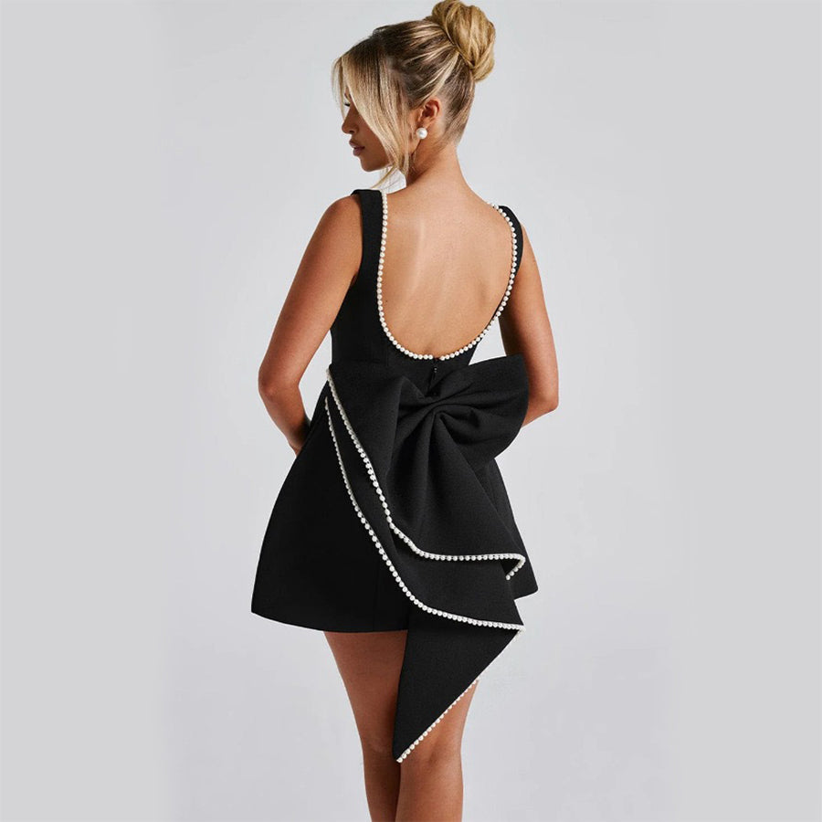 Abito mini donna a trapezio con schiena scoperta – senza maniche, fiocco perlato