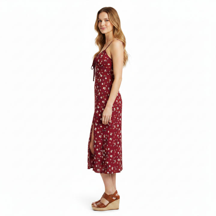Abito midi donna floreale – spalline sottili, fiocco e spacco laterale