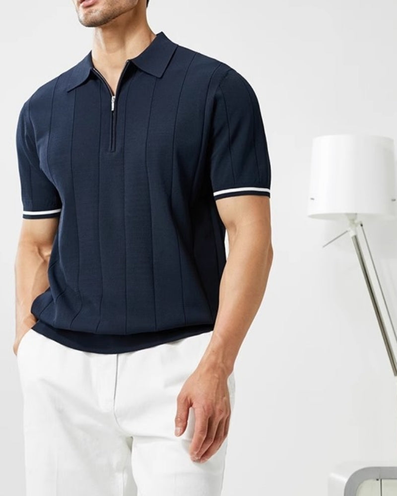 Polo uomo in maglia a righe – Collo con zip e polsini a contrasto