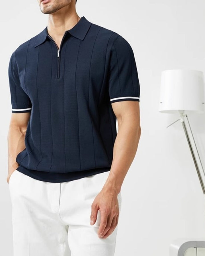 Polo uomo in maglia a righe – Collo con zip e polsini a contrasto