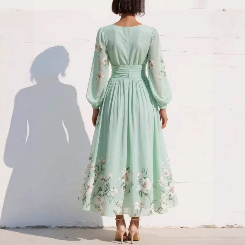 Damen Maxikleid aus Chiffon – Lange Ärmel Ausgestellter, plissierter Schnitt