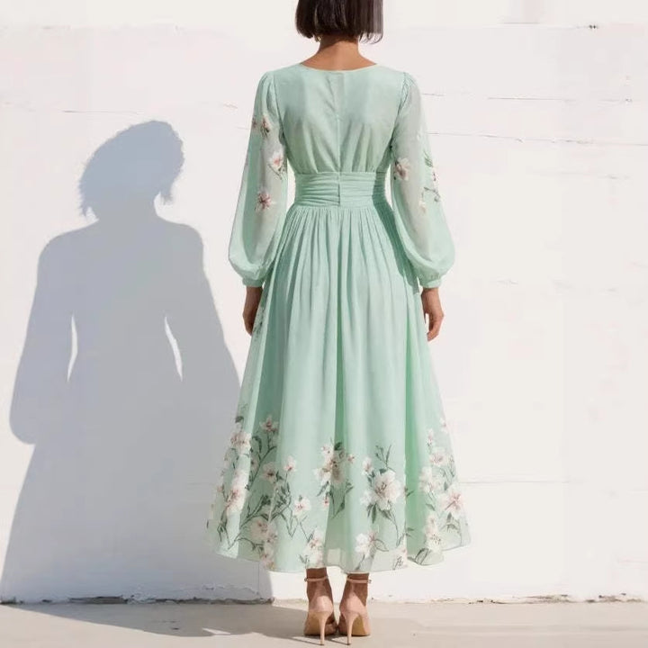 Damen Maxikleid aus Chiffon – Lange Ärmel Ausgestellter, plissierter Schnitt