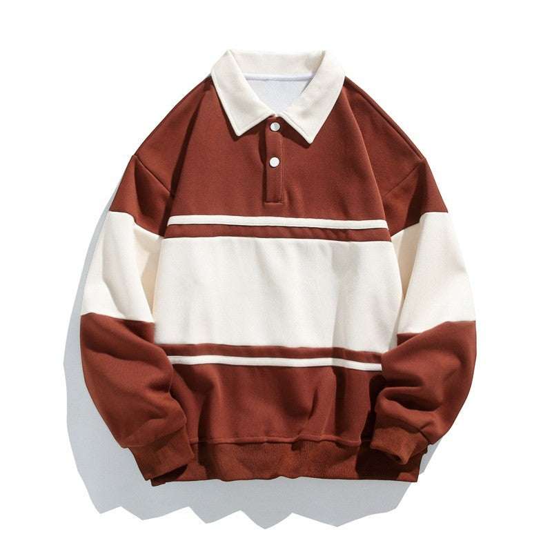 Herren Sweatshirt aus Baumwollmischung – Gestreiftes Muster Weite Passform Polokragen