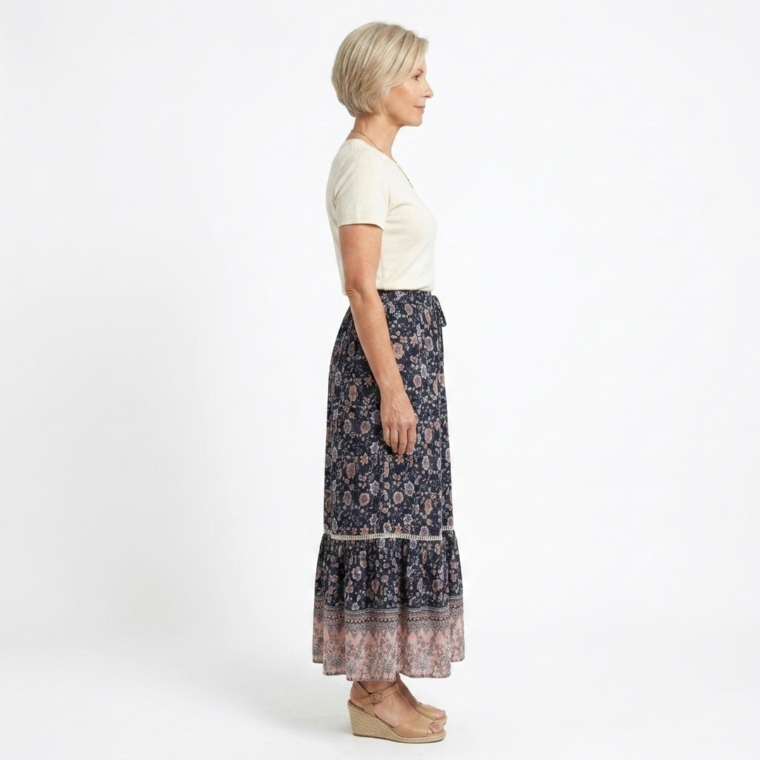 Maxi-Rock für Damen mit Blumenmuster aus Rayon-Mischung – Hohe Taille mit Kordelzug