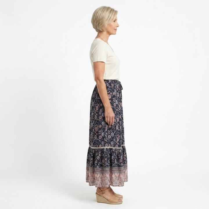 Maxi-Rock für Damen mit Blumenmuster aus Rayon-Mischung – Hohe Taille mit Kordelzug