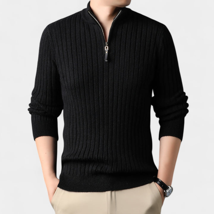 Maglione uomo con zip a un quarto in maglia a righe – raffinato, aderente, silhouette quotidiana