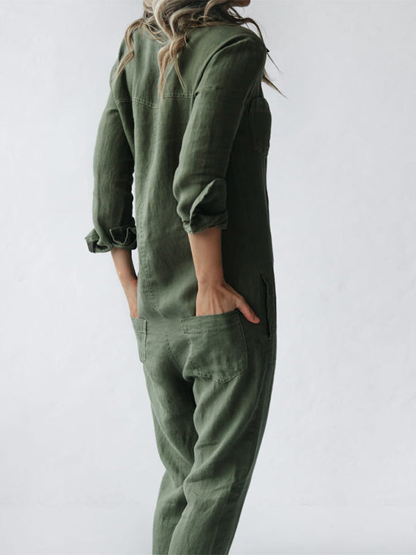 Dame Jumpsuit med Lange Ærmer – Knappet, Afslappet Pasform
