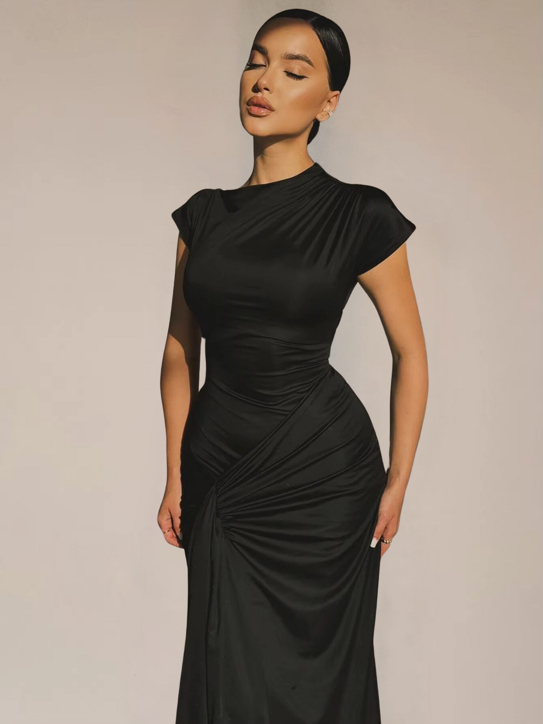 Women's Maxi Dress with Asymmetric Neckline – Lace-Up Back Slim Fit
