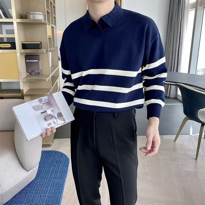 Polo uomo in cotone misto – Polo maniche lunghe a righe contrastanti