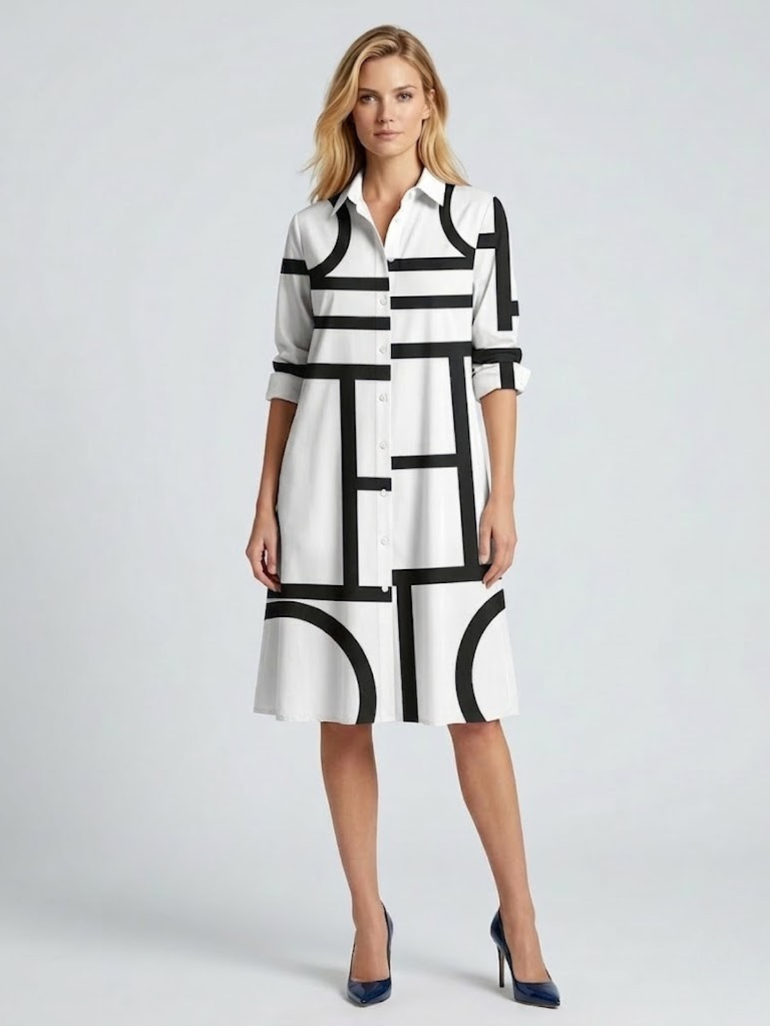 Women's Geometric Print Chemise Dress – Midi A-Line Cut