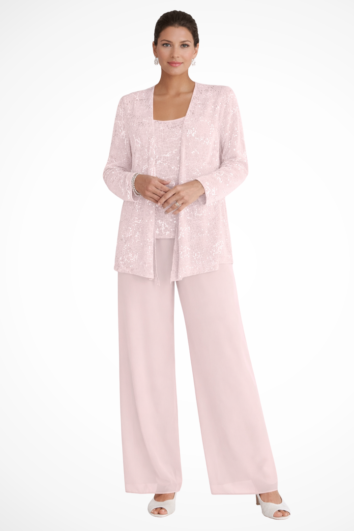 Completo Donna Tre Pezzi con Paillettes e Pizzo – Pantaloni Larghi