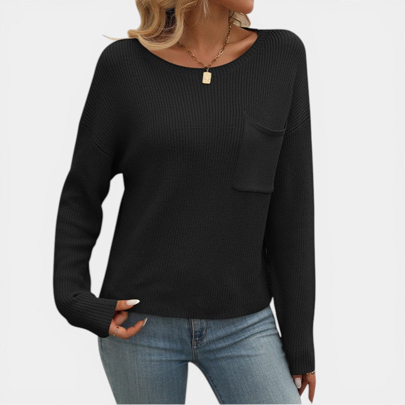Damen Pullover mit Rundhalsausschnitt – Lässiger Schnitt mit Brusttasche | Gerippter Strick