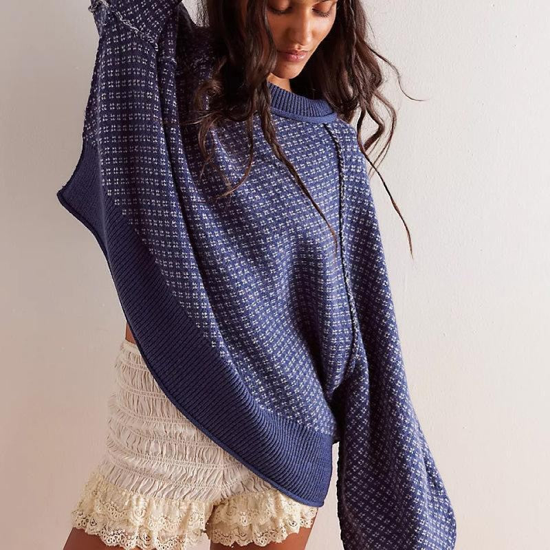 Maglione donna in maglia jacquard – collo tondo e finiture a coste | maglia strutturata