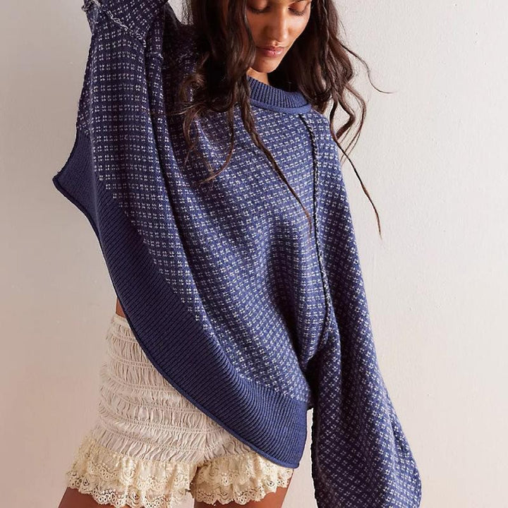 Maglione donna in maglia jacquard – collo tondo e finiture a coste | maglia strutturata